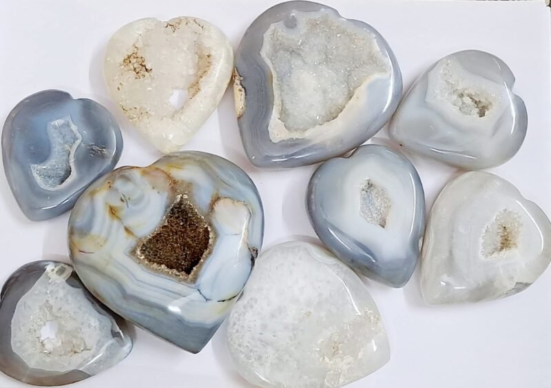 Divinity Hand Carved Original Crystals Healing Stone Hearts Agate Druzy Geode Hearts - Worry / Palm Stone for Chakra Balancing Good Luck Love Abundance and Harmony