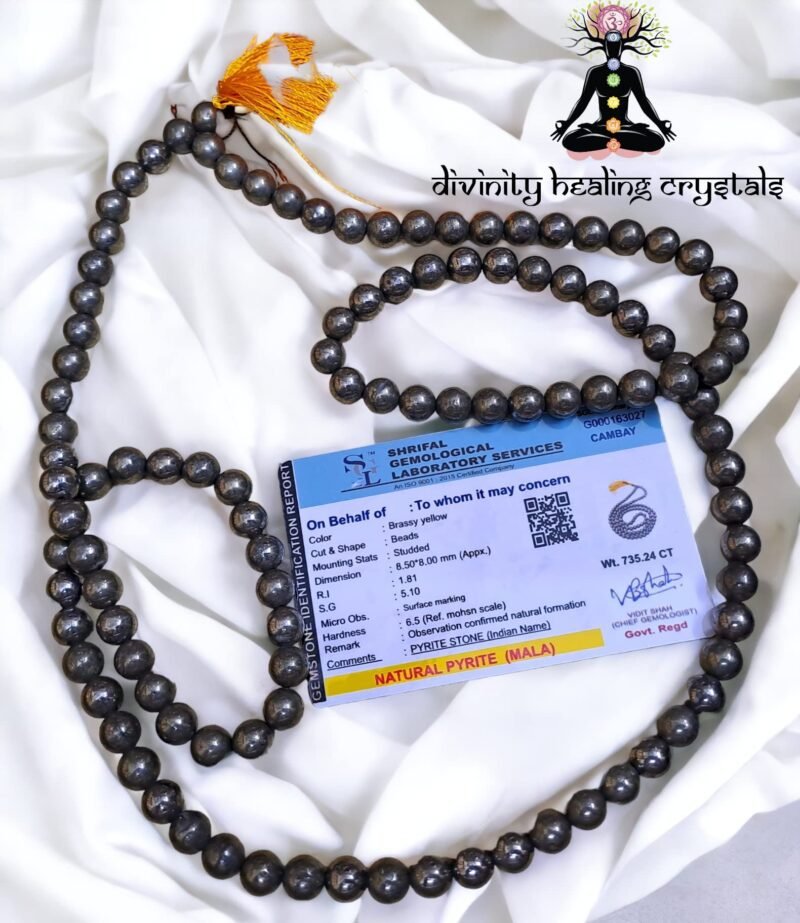 Pyrite Mala 108 + 1-8 mm Beads for Prosperitiy Wealth Willpower and Financial Abundance with 1 Palo Santo Smude