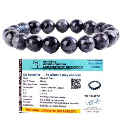 Natural Larvikite Bracelet (Norwegian Moonstone/Blue Pearl Granite) Premium 10mm Original Certified Unisex Stretchable Bracelet for Third Eye Chakra, Protection & Clarity