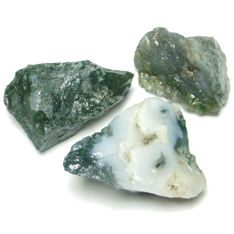AAA Grade Raw Moss Agate Stones Natural Healing Crystals for Fengshui, Vaastu, Reiki, Chakra Meditation and Abundance with Beautiful Pine Wood Box and Palo Santo Smudge Stick (Moss Agate)