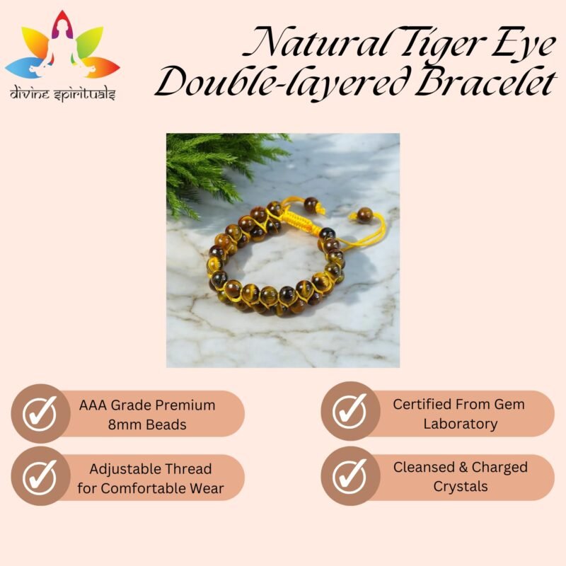 Natural Tiger Eye Macrame Double-layered Bracelet Lab Certified AAA Grade 8mm Adjustabl Unisex Real Crystal Bracelet For Abundance, Manifestation & Solar Plexus Chakra