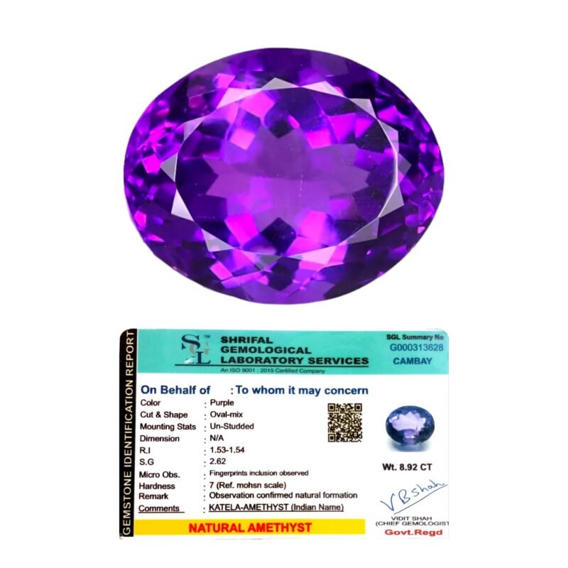 Premium Amethyst Gemstone Original Certified Unisex Natural oval-cut Katela/Jamunia Gem For Crown Chakra, Third Eye, Peace, Planet Saturn & Ring Jewellery approx 8 carat