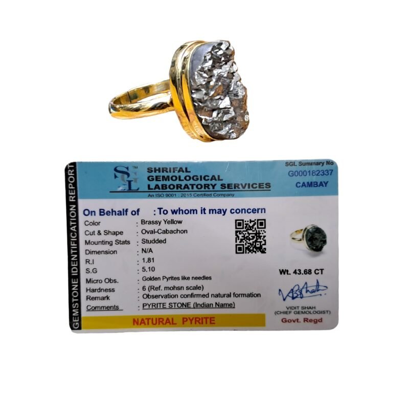 Natural Golden Pyrite Crystal Unisex Certified Panchdhatu Adjustable Ring for Wealth, Prosperity and Good Luck