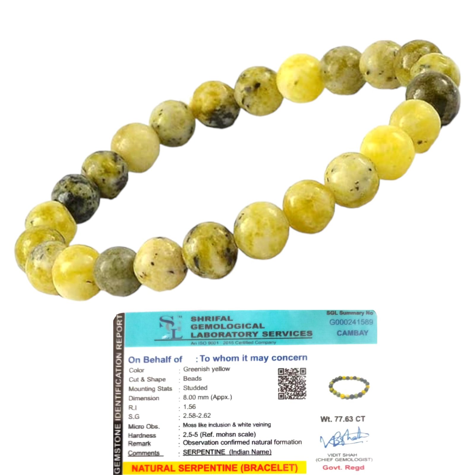 Natural Serpentine Bracelet Lab-Certified AAA Grade 8mm Stretchable Original Unisex Bracelet For Heart Chakra, Healing Energy, Kundalini Activation, Detoxification & Grounding