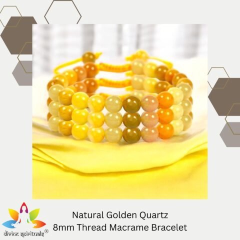 Natural Golden Quartz Macrame Thread Bracelet Lab Certified AAA Grade 8mm Adjustable Unisex Real Crystal Bracelet For Peace, Manifestation & Solar Plexus Chakra