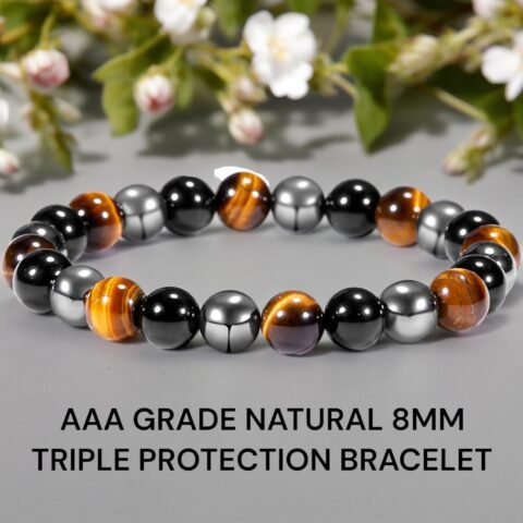 Premium Triple Protection Bracelet Tiger's Eye Hematite Black Obsidian 8mm Lab-Certified Stretchable Bracelet For Protection, Success & Luck For Men & Women
