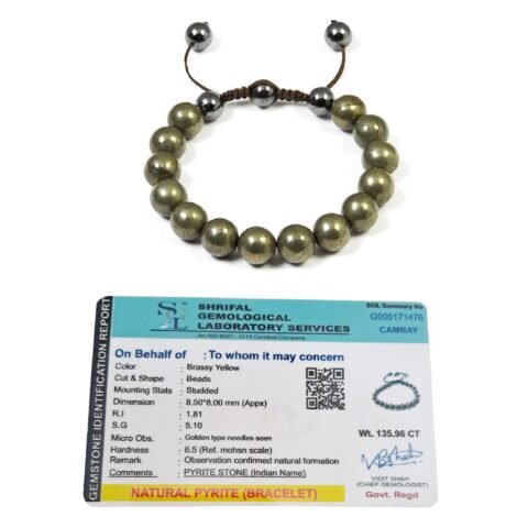 Natural Pyrite Real Crystal Certified 8 mm Adjustable Thread Bracelet for Men and Women for Good Luck, Love, Abundance, Healing and Meditation (Natural Pyrite Original Stone Bracelet)
