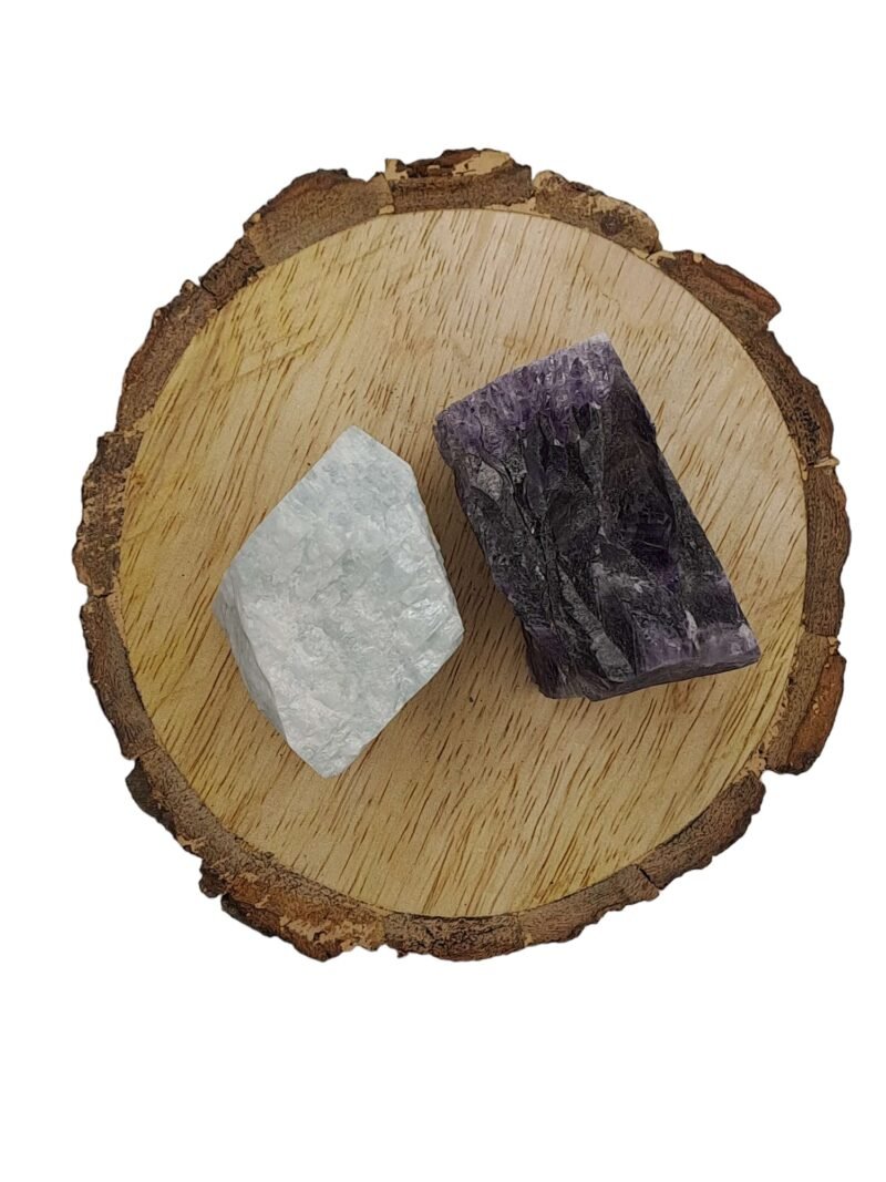 Amazonite and Amethyst AAA Grade Raw Natural Crystal Combo with Wooden Natural Bark Coaster for Healing, Meditation and Manifestation