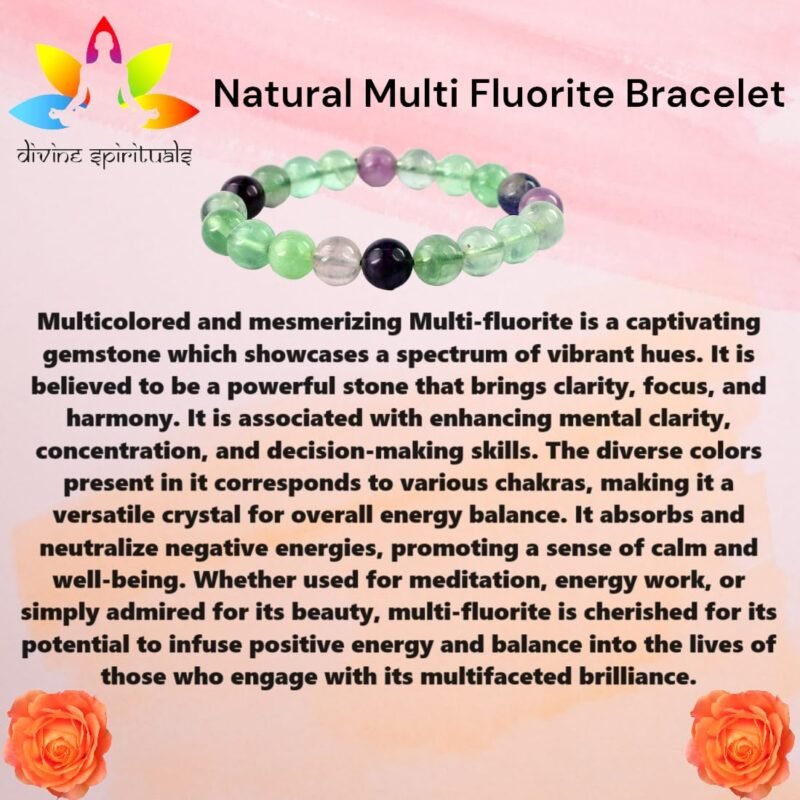 Multi Fluorite Bracelet 8mm Stretchable Original Semi Precious Gemstone Unisex Bracelet For Spiritual Growth, Manifestation, Stress Reduction, Aura Cleansing & Meditation