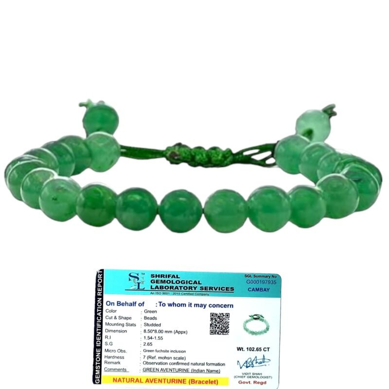Natural Green Aventurine Bracelet Lab-Certified 8mm Adjustable Thread Unisex Authentic Crystal Bracelet
