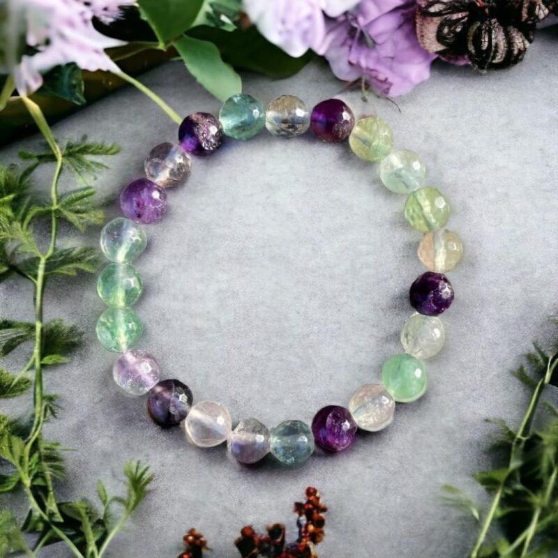 Multi Fluorite Bracelet 8mm Stretchable Original Semi Precious Gemstone Unisex Bracelet For Spiritual Growth, Manifestation, Stress Reduction, Aura Cleansing & Meditation