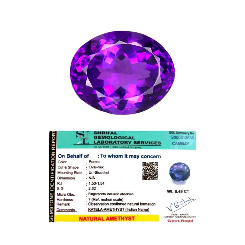 Natural Brazilian Amethyst Gemstone Original Certified Unisex Premium oval-cut Katela/Jamunia Gem For Crown Chakra, Peace, Planet Saturn & Ring Jewellery approx 6 carat