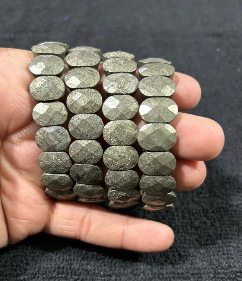 Natural Pyrite Real Pure Crystal Lab Certified 10 mm Flat Bead Faceted Bracelet for Men and Women for Good Luck, Love, Abundance, Healing and Meditation