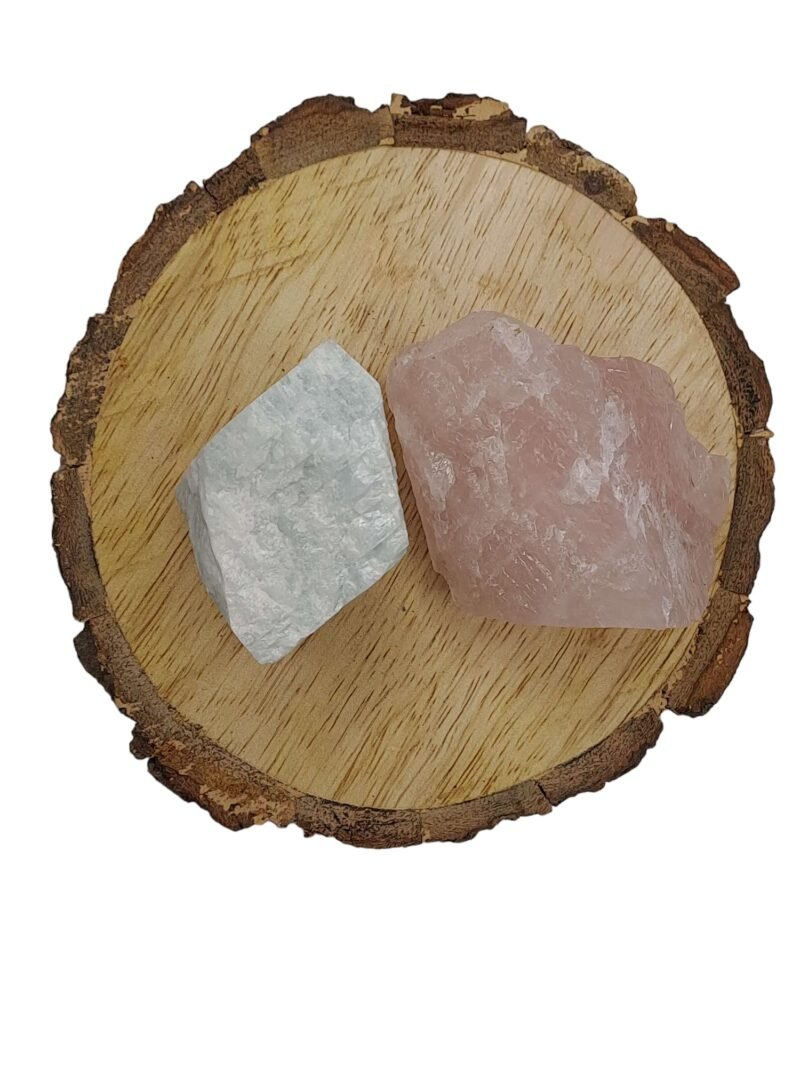 Amazonite + Rose Quartz AAA Grade Raw Natural Crystal Combo with Wooden Natural Bark Coaster for Healing, Meditation and Manifestation