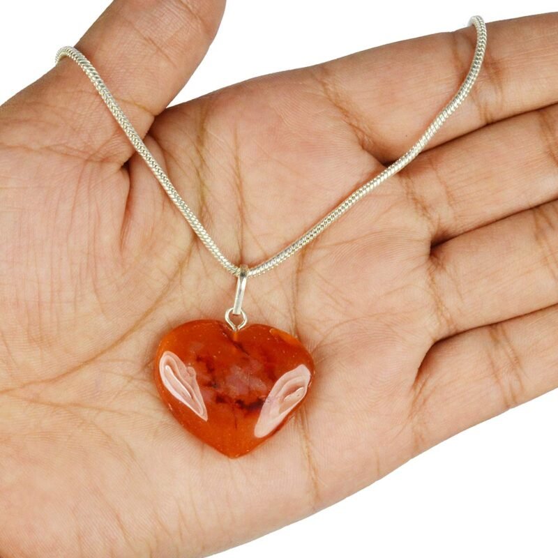 Natural Healing Stone Pendant Heart Shape Crystal Stone Pendant / Locket with Metal Chain for Healing and Meditation Size 25-30 mm Approx. (Carnelian) - Image 3