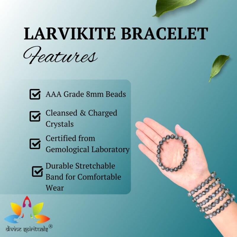 Natural Larvikite Bracelet (Norwegian Moonstone/Blue Pearl Granite) AAA Grade 8mm Original Certified Unisex Stretchable Bracelet for Third Eye Chakra, Protection & Clarity