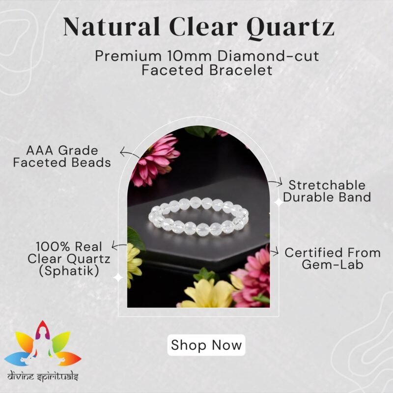 Natural Clear Quartz (Sphatik) Bracelet Lab-certified 10mm Diamond-cut Faceted Stretchable Original Real Crystal Bracelet For Meditation, Manifestation & Peace For Men & Women