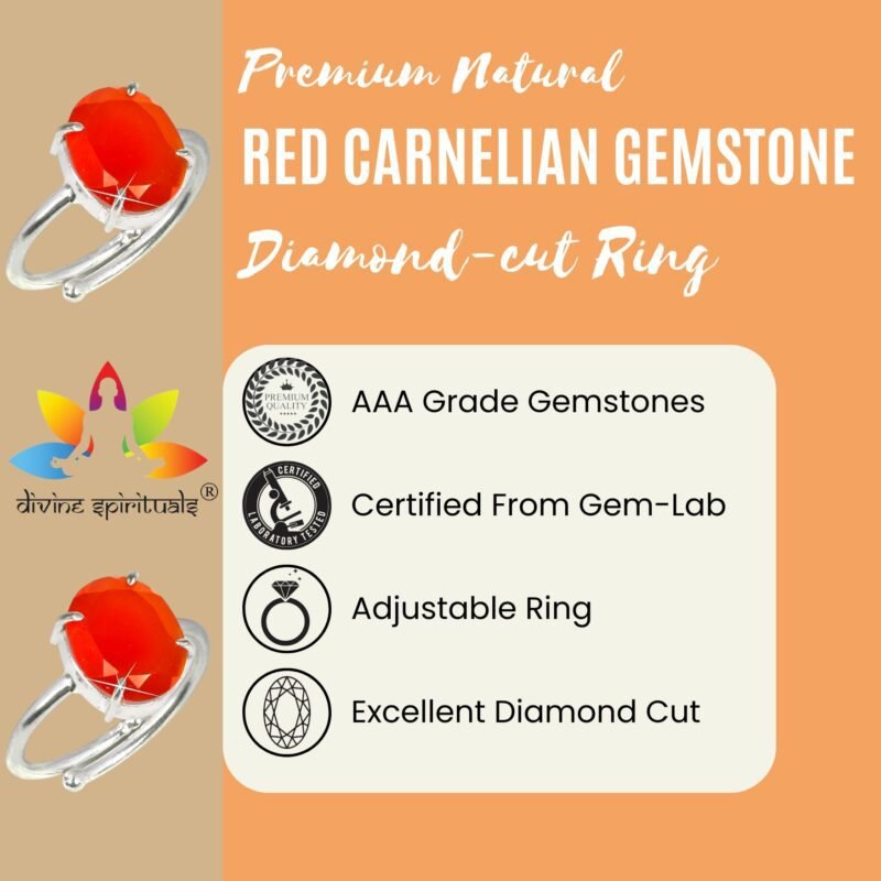 Premium Red Carnelian Diamond-Cut Natural Gemstone Ring AAA Grade Adjustable Lab-Certified Unisex Original Crystal Ring For Manifestation, Sacral Chakra & Emotional Healing
