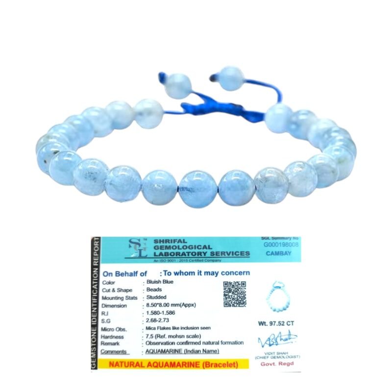 Natural Aquamarine Bracelet Macrame Thread Lab Certified Original 8mm Adjustable Unisex Crystal Bracelet For Throat Chakra, Communication & Peace