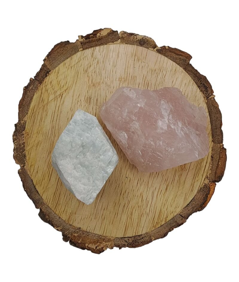 Amazonite + Rose Quartz AAA Grade Raw Natural Crystal Combo with Wooden Natural Bark Coaster for Healing, Meditation and Manifestation
