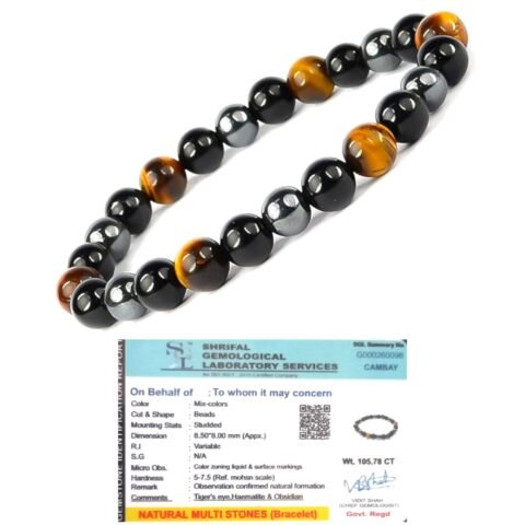 Premium Triple Action Bracelet Tiger's Eye Hematite Black Obsidian 8mm Lab-Certified Unisex Crystal Bracelet For Protection, Prosperity & Removing Negativity