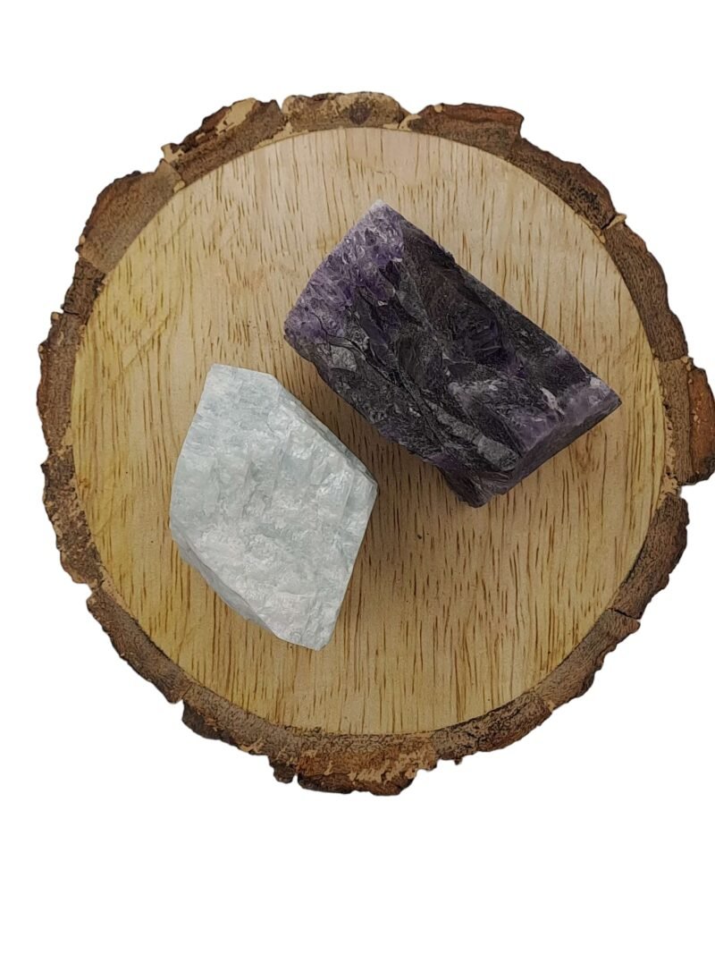 Amazonite and Amethyst AAA Grade Raw Natural Crystal Combo with Wooden Natural Bark Coaster for Healing, Meditation and Manifestation