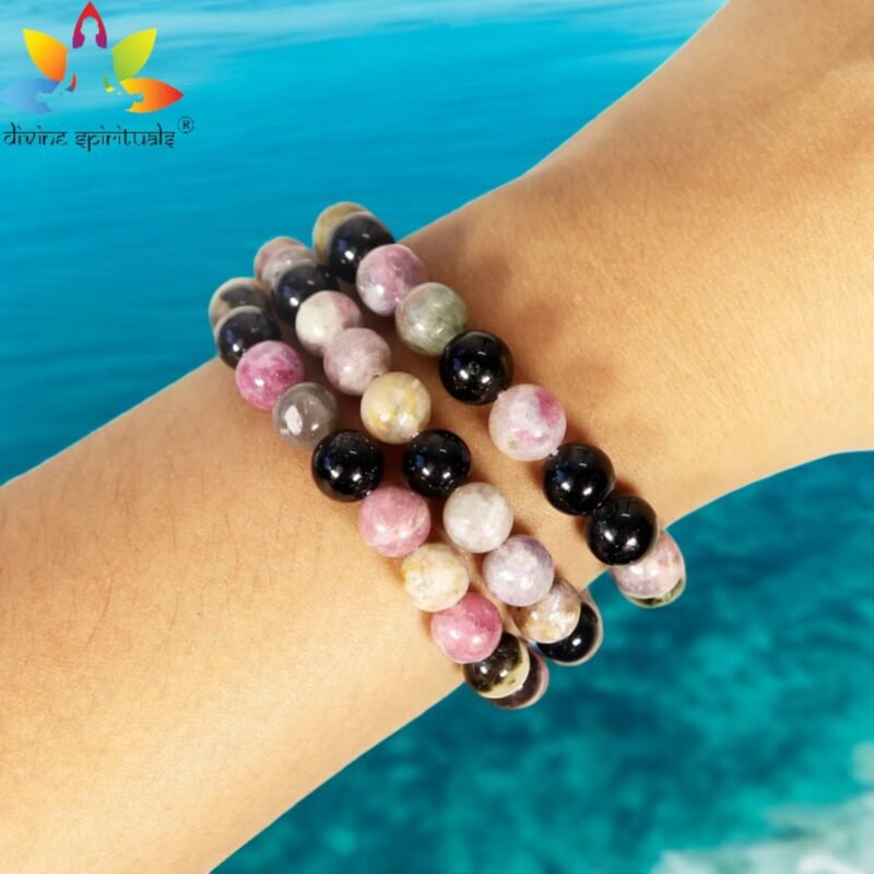 Natural Watermelon Tourmaline Bracelet (Multi Tourmaline Bracelet) Original Certified AAA Grade 8mm Stretchable Unisex Bracelet For Heart Chakra, Inner Peace & Meditation