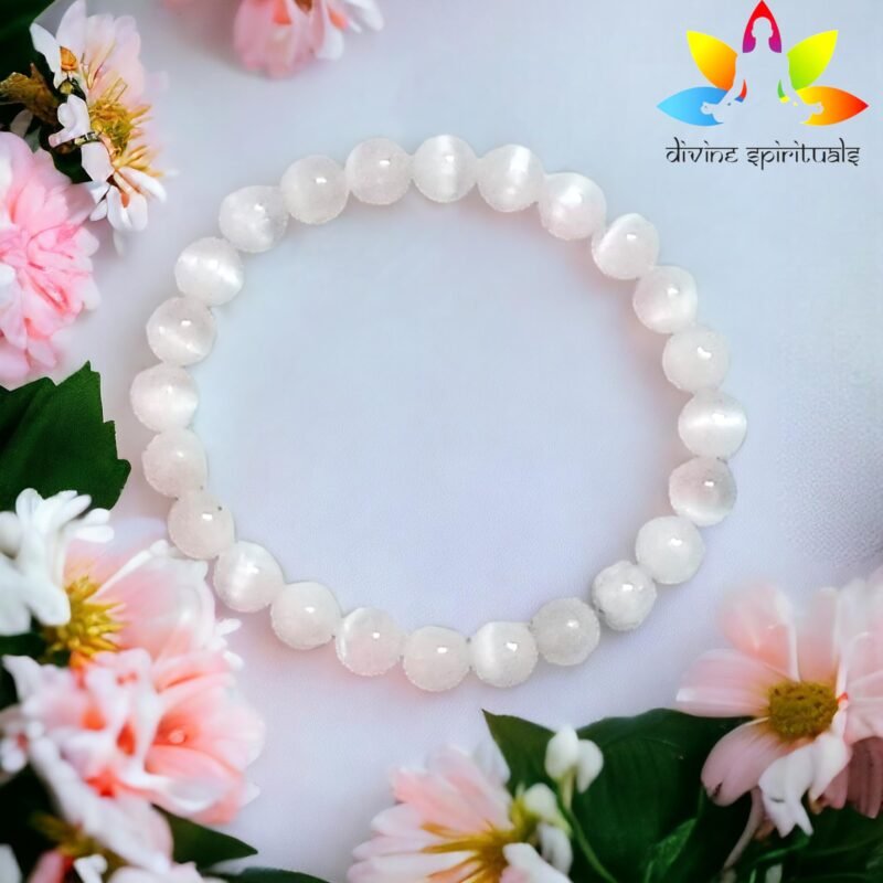 Natural Crystal Selenite Bracelet 8mm Stretchable Original Semi Precious Gemstone Bracelet For Crown Chakra, Aura Cleansing, Purification and Peace