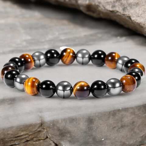 Premium Triple Action Bracelet Tiger's Eye Hematite Black Obsidian 8mm Lab-Certified Unisex Crystal Bracelet For Protection, Prosperity & Removing Negativity