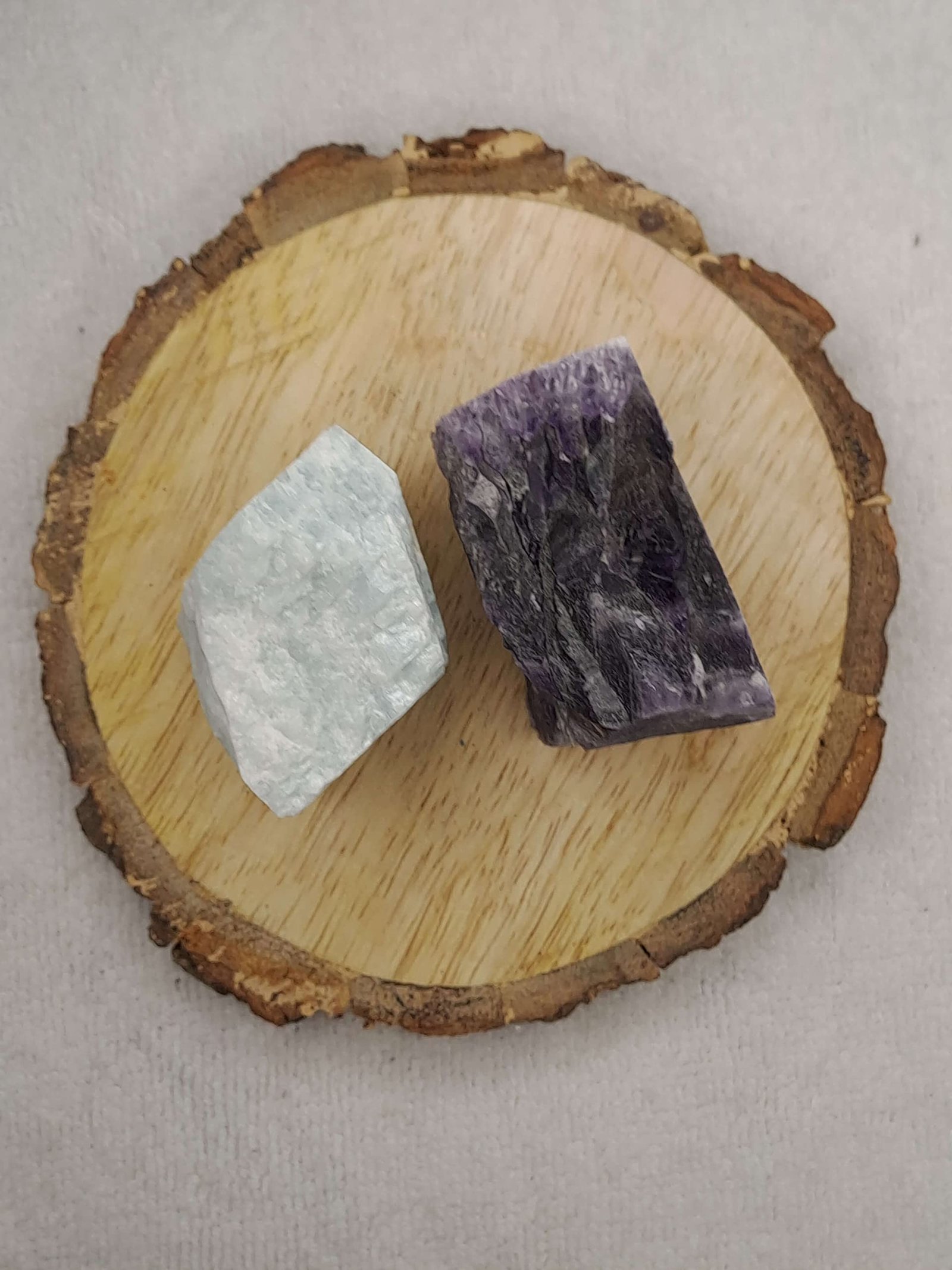 Amazonite + Amethyst AAA Grade Raw Natural Crystal Combo with Wooden Natural Bark Coaster for Healing, Meditation and Manifestation