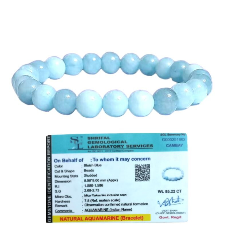 Natural Blue Aquamarine Bracelet Lab-Certified AAA Grade 8mm Stretchable Original Unisex Bracelet For Throat Chakra, Communication, Spiritual Growth & Meditation