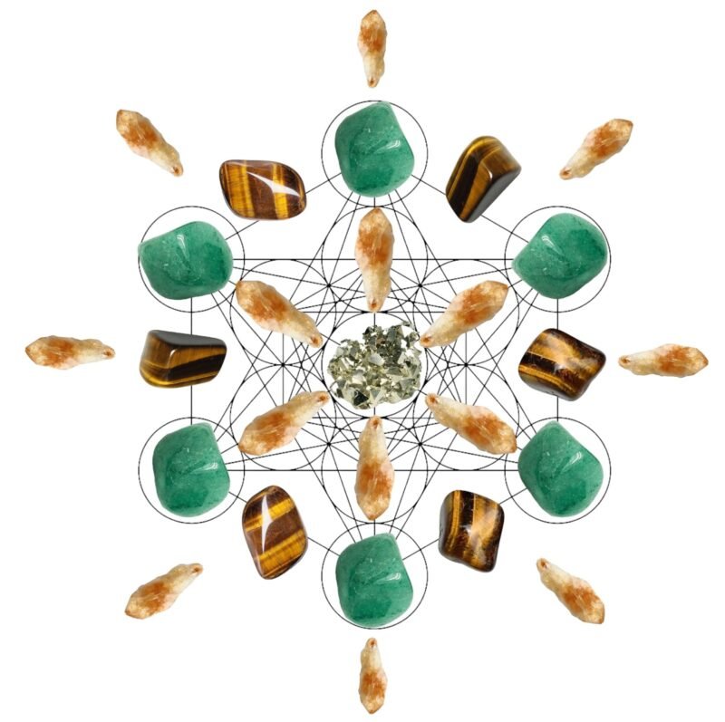 Money Magnet Stones Sacred Grid Kit for Manifesting Financial Abundance, Name and Fame, Business Success - Kit Contains 1 Pyrite, 14 Citrine Points, 6 Tiger Eye Tumbles, 6 Green Aventurine Tumbles
