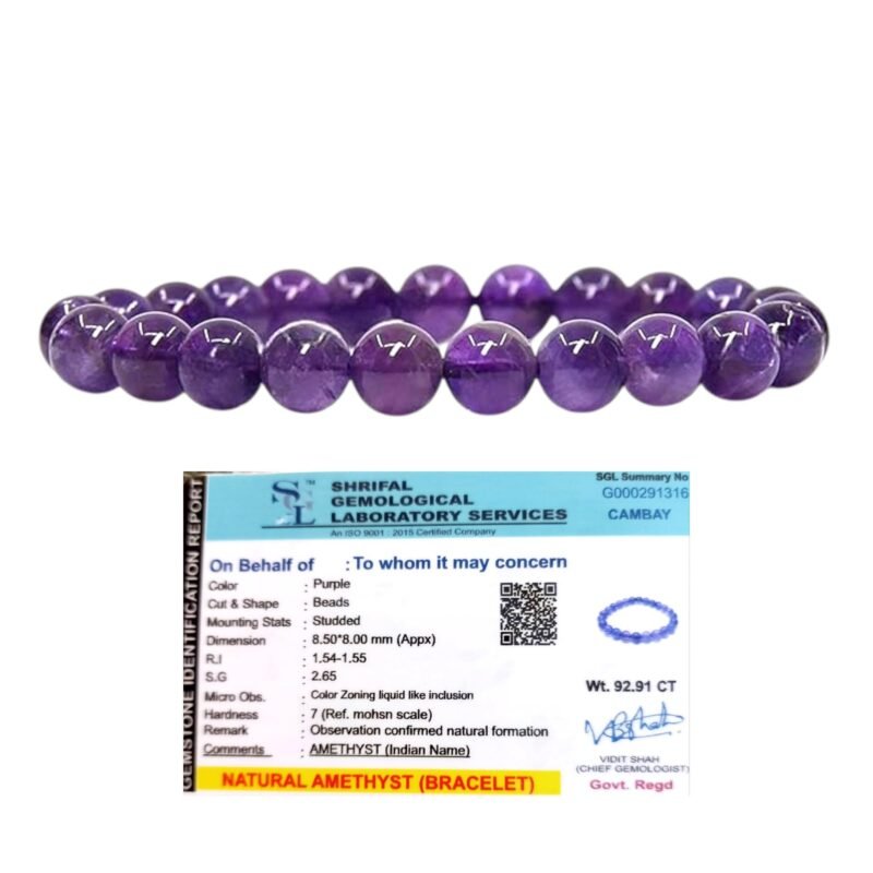 Natural Amethyst Bracelet AAA Grade Certified 8mm Round Unisex Real Crystal Bracelet for Inner Peace, Healing, & Protection