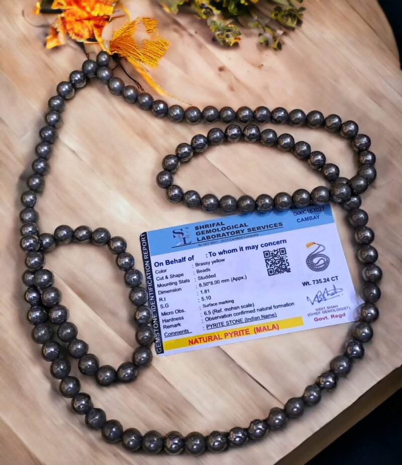 Pyrite Mala 108 + 1-8 mm Beads for Prosperitiy Wealth Willpower and Financial Abundance with 1 Palo Santo Smude