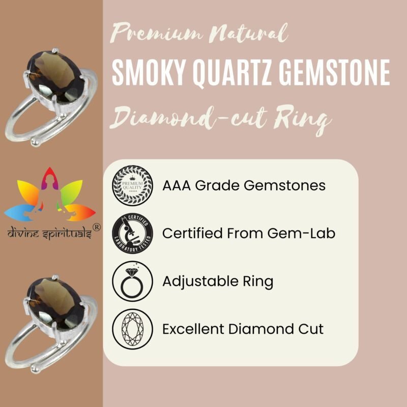 Premium Smoky Quartz Diamond-Cut Natural Gemstone Ring AAA Grade Adjustable Lab-Certified Unisex Original Crystal Ring For Grounding Energy, Root Chakra & Manifestation