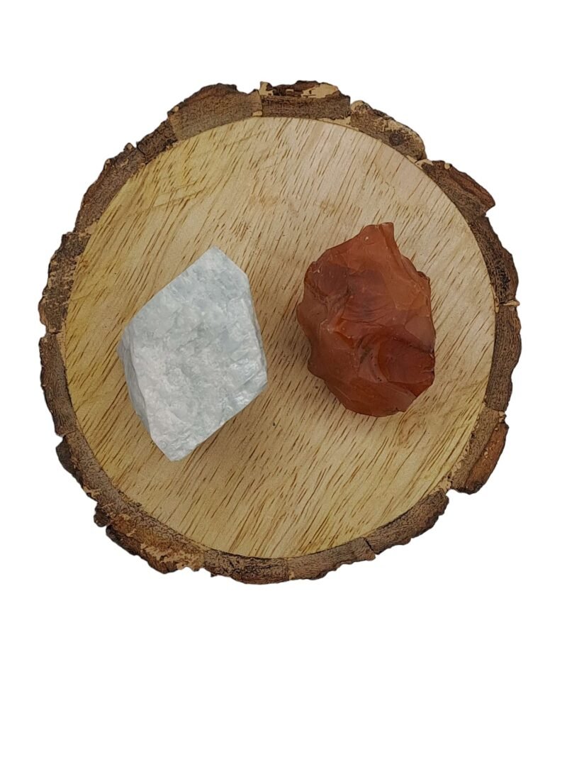 Amazonite + Carnelian AAA Grade Raw Natural Crystal Combo with Wooden Natural Bark Coaster for Healing, Meditation and Manifestation