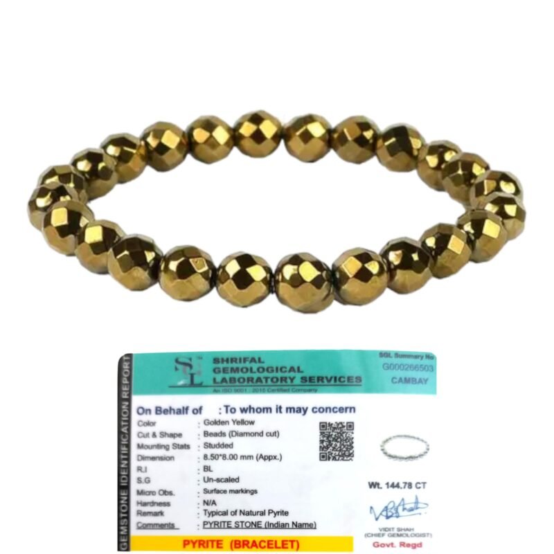 AAA Grade Golden Pyrite Diamond-Cut Faceted Bracelet Lab-Certified 8mm Stretchable Unisex Bracelet For Manifestaion, Prosperity & Abundance