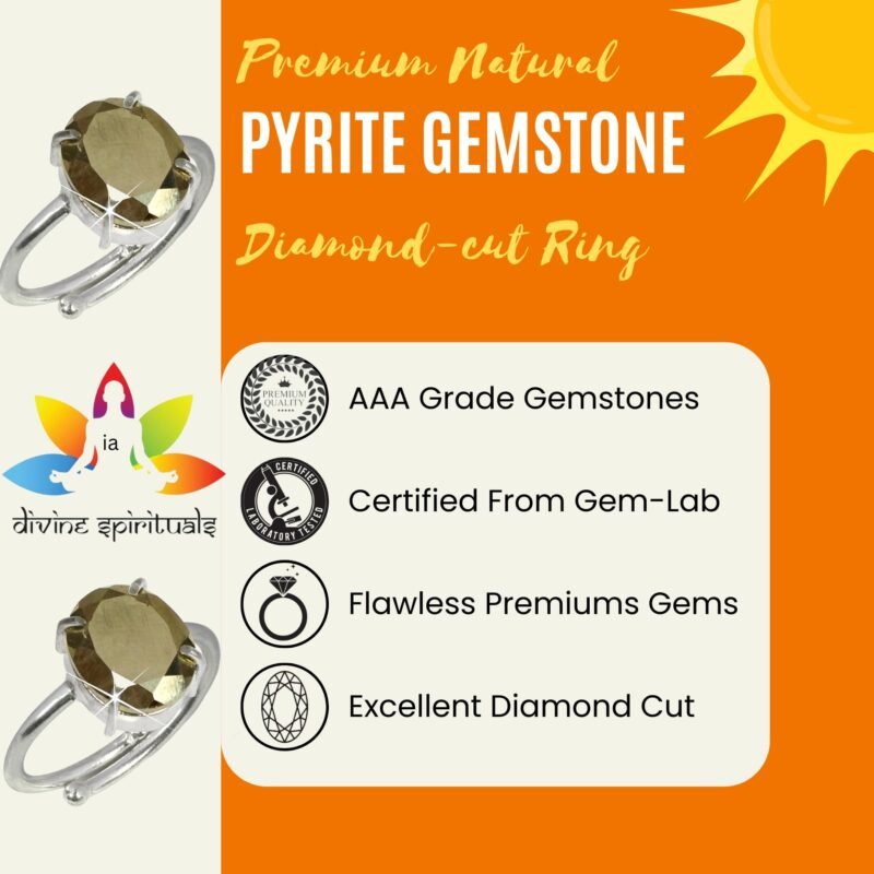 Premium Pyrite Diamond-Cut Natural Gemstone Ring AAA Grade Adjustable Lab-Certified Unisex Original Pyrite Crystal Money Magnet For Abundance, Prosperity & Manifestation