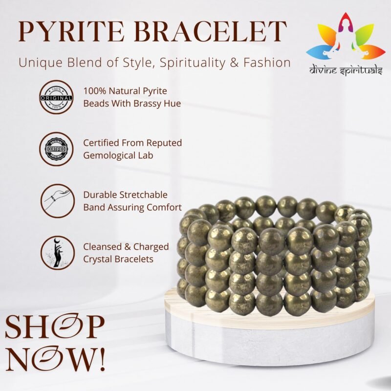 Natural Pyrite Bracelet AAA Grade Lab-Certified Original Stretchable 10mm Real Crystal Unisex Bracelet For Prosperity, Abundance & Manifestation