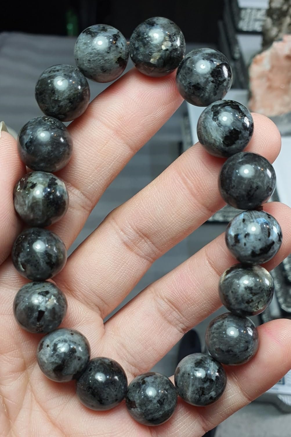 Natural Larvikite Crystal Bracelet Lab Certified 10 mm Semi Precious Gemstone Unisex AAA Grade Premium Stretchable Band Bracelet for Healing Meditation and Manifestation