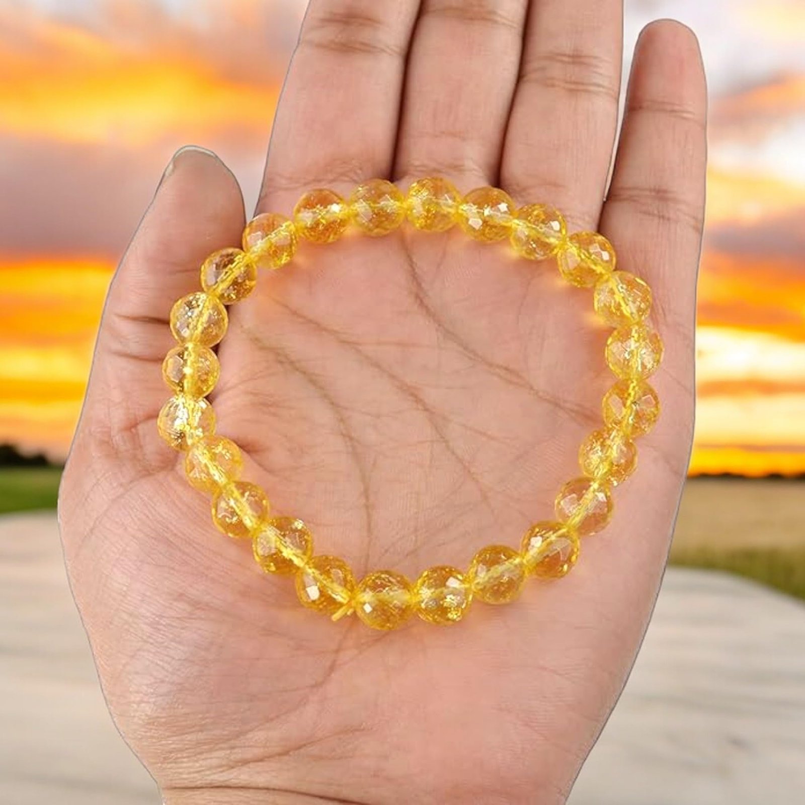 Natural Citrine Diamond-cut Faceted 8mm Bracelet Lab-certified AAA Grade Original Real Semi-Precious Gemstone Stretchable Unisex Bracelet For Success, Prosperity & Manifestation