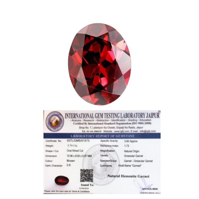 Natural African Hessonite Garnet Gemstone (Gomed) Original Lab-Certified AAA Grade Premium Oval-shaped Cabochon For Healing & Ring Jewelry For Men & Women 5 carat approx.