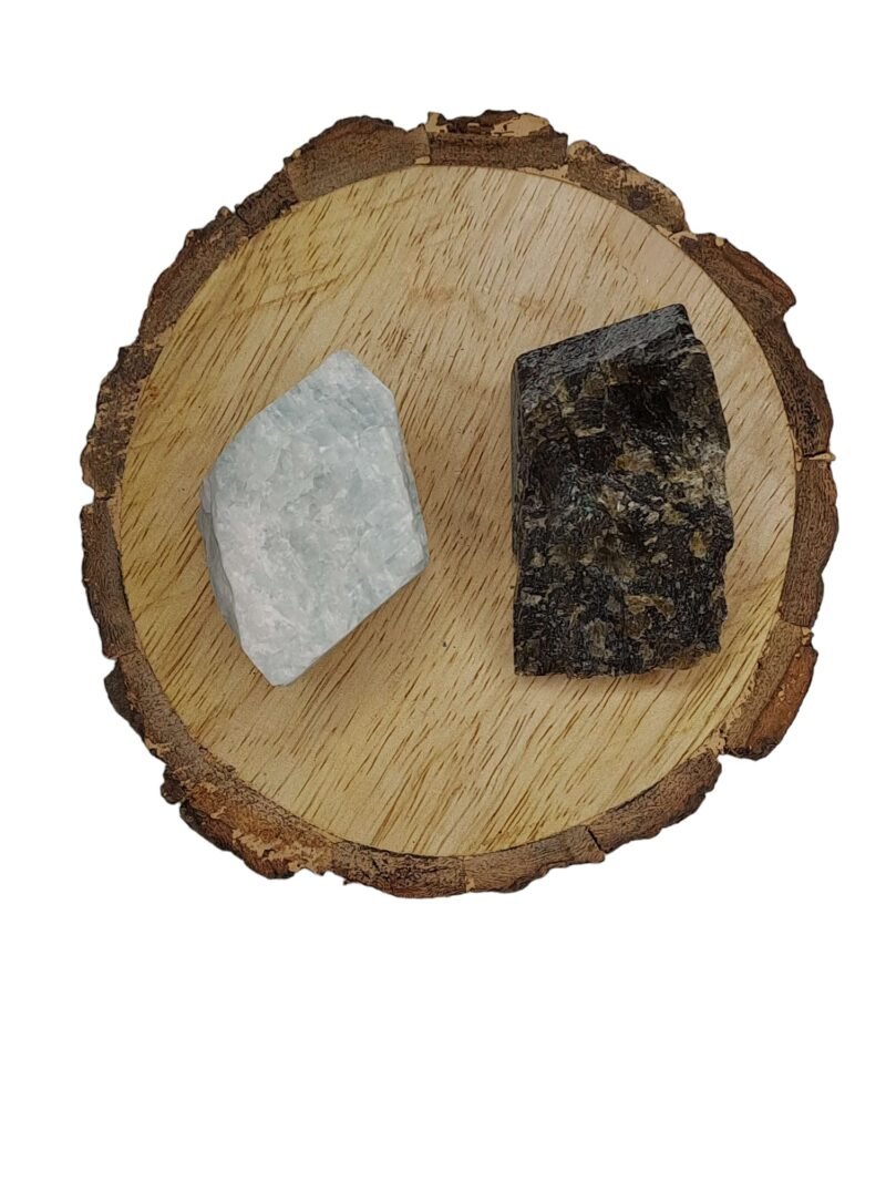 Amazonite + Labrodite AAA Grade Raw Natural Crystal Combo with Wooden Natural Bark Coaster for Healing, Meditation and Manifestation - Image 3