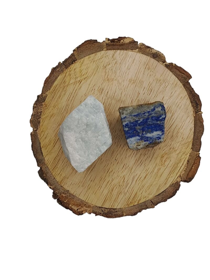 Amazonite + Lapis Lazuli AAA Grade Raw Natural Crystal Combo with Wooden Natural Bark Coaster for Healing, Meditation and Manifestation