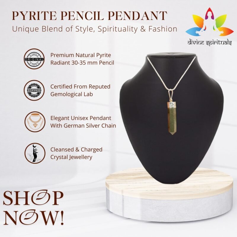 Natural Pyrite Pencil Pendant Original Certified Polished Unisex Pencil Pendant with German Silver Chain For Prosperity, Abundance & Manifestation