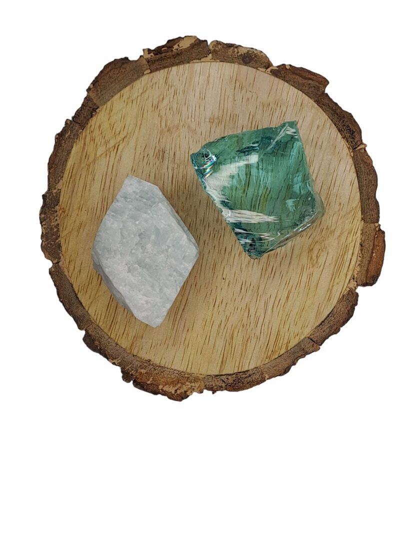 Amazonite + Aqua Marine Obsidian AAA Grade Raw Natural Crystal Combo with Wooden Natural Bark Coaster for Healing, Meditation and Manifestation