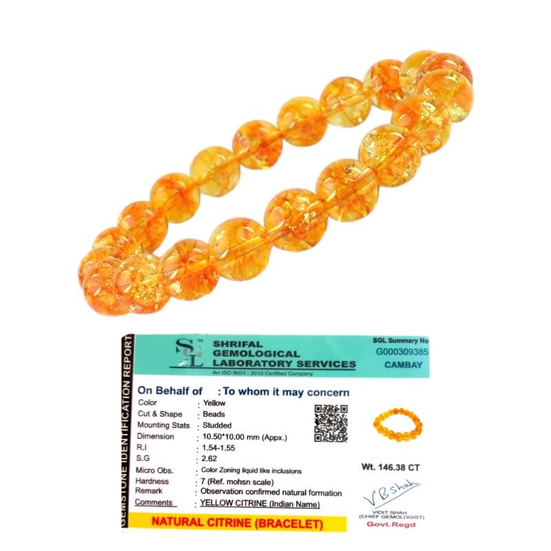 Natural Citrine Bracelet Lab-Certified AAA Grade 10mm Stretchable Original Crystal Bracelet For Success, Prosperity, Wealth & Financial Abundance For Men & Women