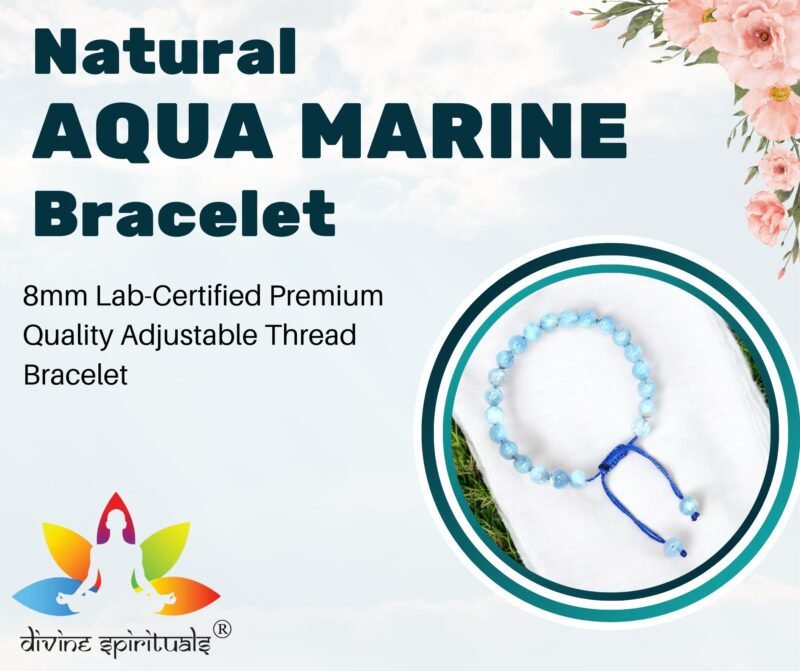 Natural Aquamarine Bracelet Macrame Thread Lab Certified Original 8mm Adjustable Unisex Crystal Bracelet For Throat Chakra, Communication & Peace - Image 2