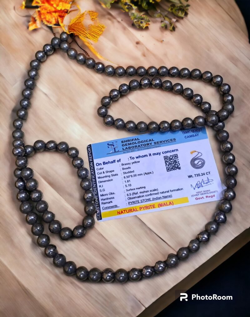 Pyrite Mala 108 + 1-8 mm Beads for Prosperitiy Wealth Willpower and Financial Abundance with 1 Palo Santo Smude