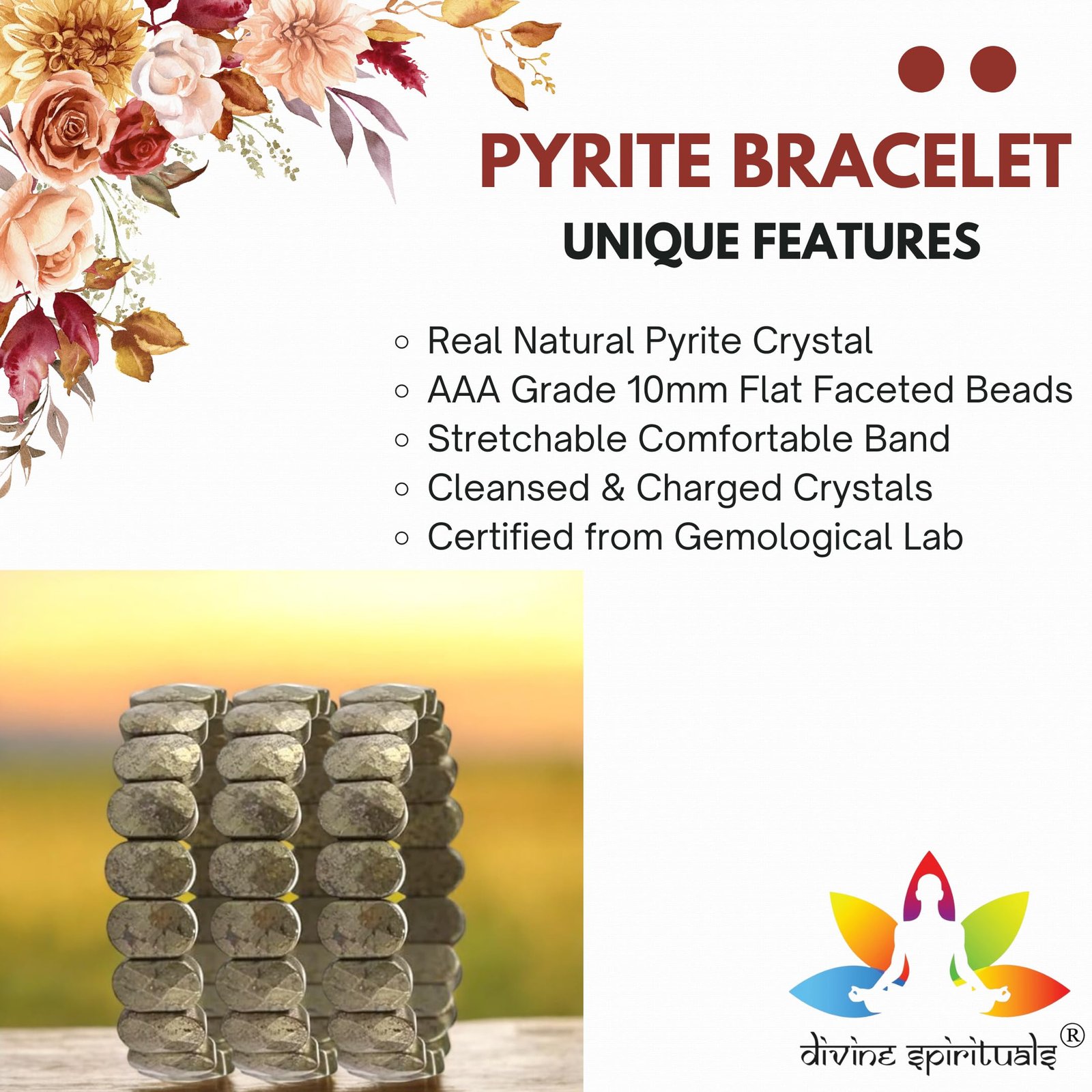 Natural Pyrite Bracelet AAA Grade Lab-Certified Original Stretchable Unisex 10mm Flat Faceted Bracelet For Prosperity, Abundance & Manifestation